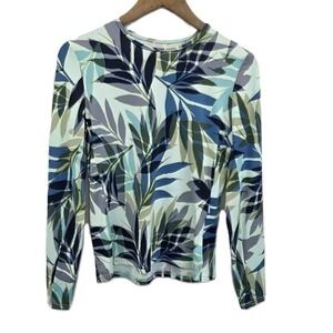 Hang Ten Womens S Tropical Leaf Print Rash Guard UPF 50+ Long Sleeve Swim Shirt